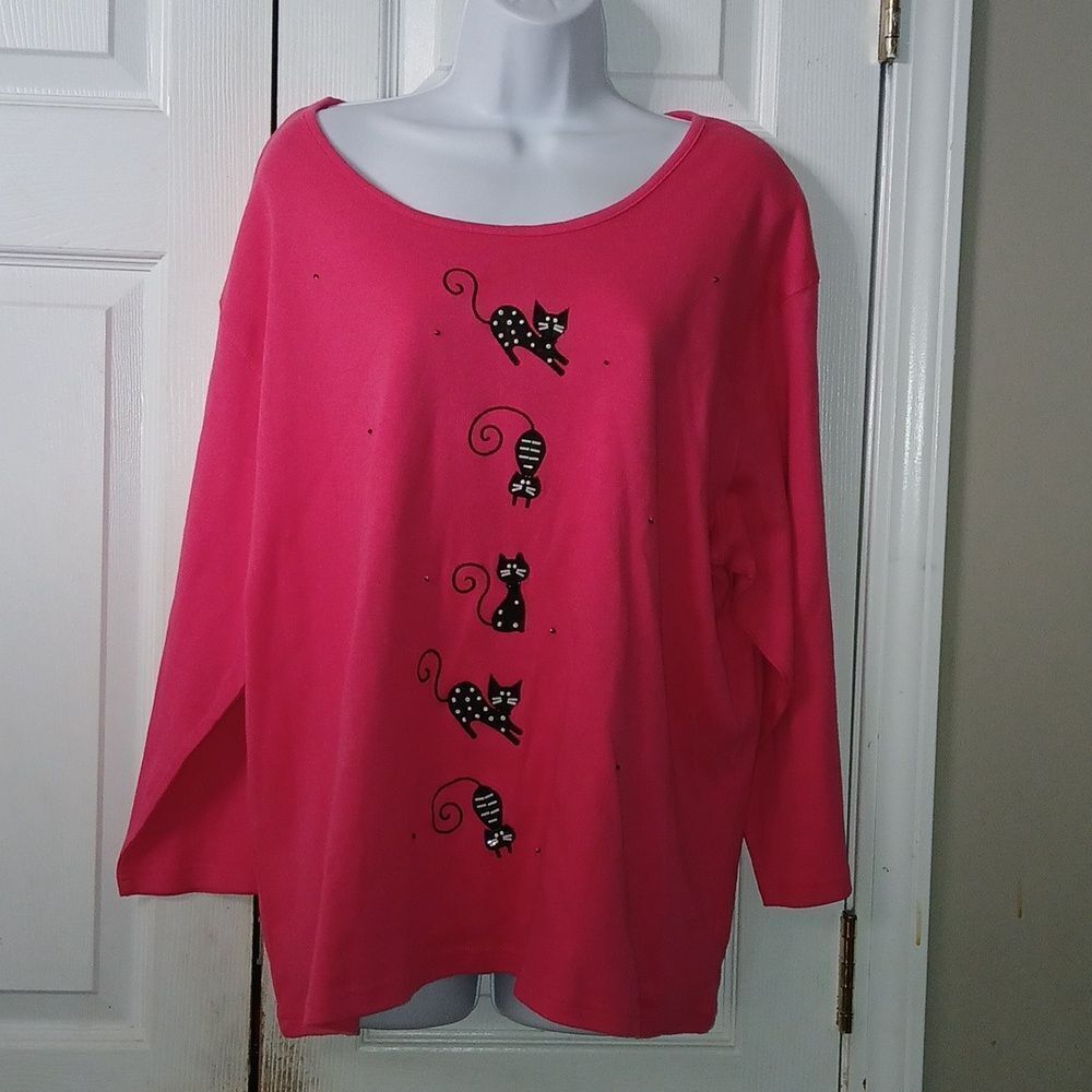 Peanut Butter & Jelly hot pink black cat embroidered top Sz 2X NWT